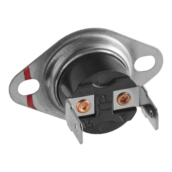 A high-limit thermostat for commercial microwaves with two metal terminals and a mounting flange.