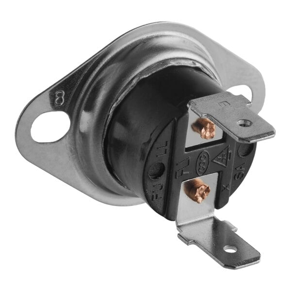 A high-limit thermostat for commercial microwaves with a metal mounting bracket and electrical terminals.