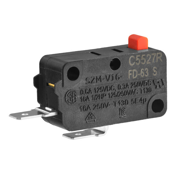 A black interlock microswitch with a red button and metal terminals, designed for commercial microwaves.