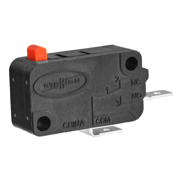A black interlock microswitch with a red button and metal terminals, designed for commercial microwaves.
