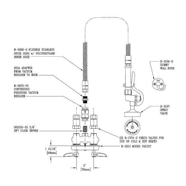 T&S B0519 Concealed Mixing Faucet with 3" Centers, B0107 Spray Valve
