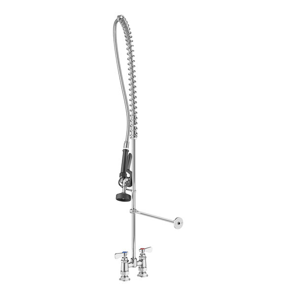 A chrome-colored, deck-mounted pre-rinse faucet with a flexible hose, spray nozzle, and dual handles for hot and cold water.