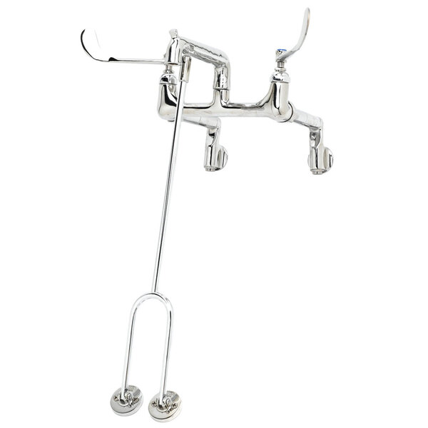 A chrome T&S mop sink faucet with extended lower support and wrist action handles.