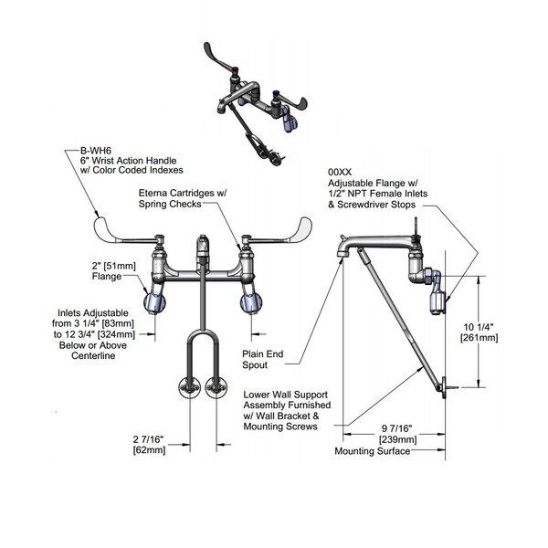 T&S B065001 Wall Mount Mop Sink Faucet with 8" Adjustable Arm Centers
