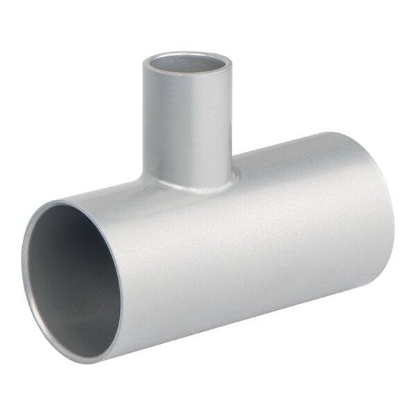 A silver metal T-shaped pipe fitting with one smaller vertical opening and two larger horizontal openings.