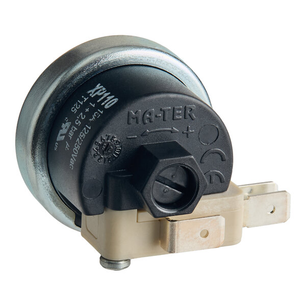 A round, metallic and plastic pressure switch with electrical connectors and adjustment knob, labeled with technical specifications and certification marks.
