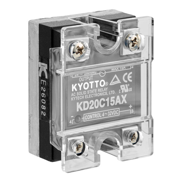 A clear plastic-encased electronic component labeled 'KYOTTO KD20C15AX AC Solid State Relay' with visible screws and labeling.