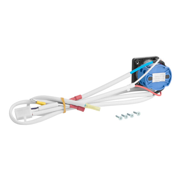 A blue and black electrical switch assembly with attached white wires and four screws.