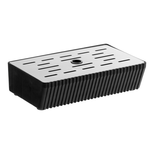 A rectangular black container with a slotted, removable top and a central circular opening.