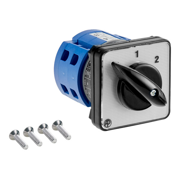 A black and blue rotary switch with a square faceplate labeled '1' and '2', accompanied by four silver screws.