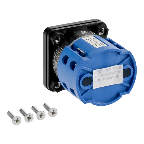 A blue and black cylindrical electrical switch component with a label, accompanied by four silver screws.