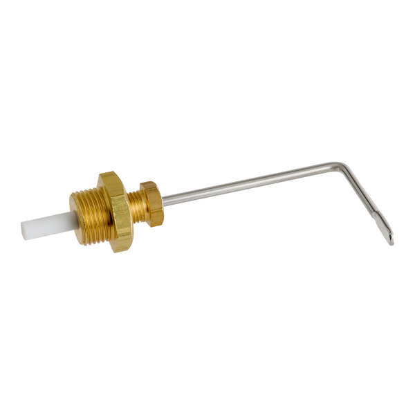 A metal and plastic water level probe assembly with a brass threaded fitting and a bent metal rod.