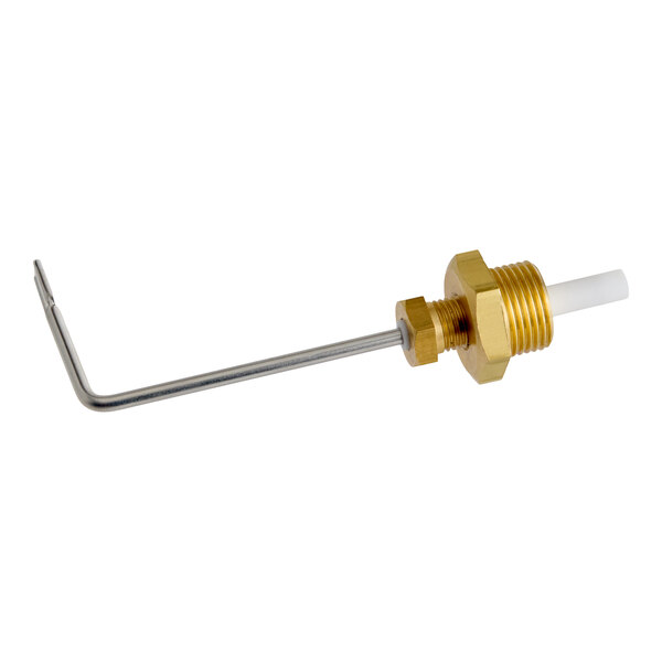 A metal rod with a right-angle bend attached to a brass threaded fitting and a white cylindrical component.