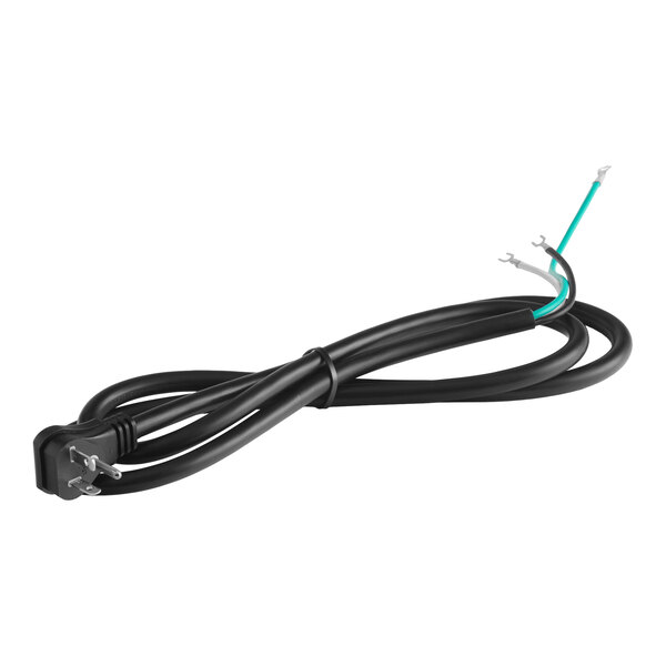 A black power cable with a three-prong plug on one end and three exposed wires (green, white, and black) on the other end.