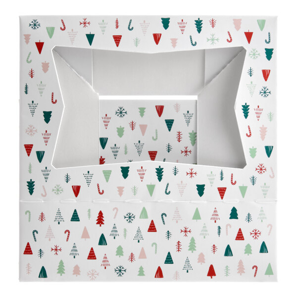 A rectangular bakery box with a clear window and a modern Christmas print featuring trees, candy canes, and snowflakes.