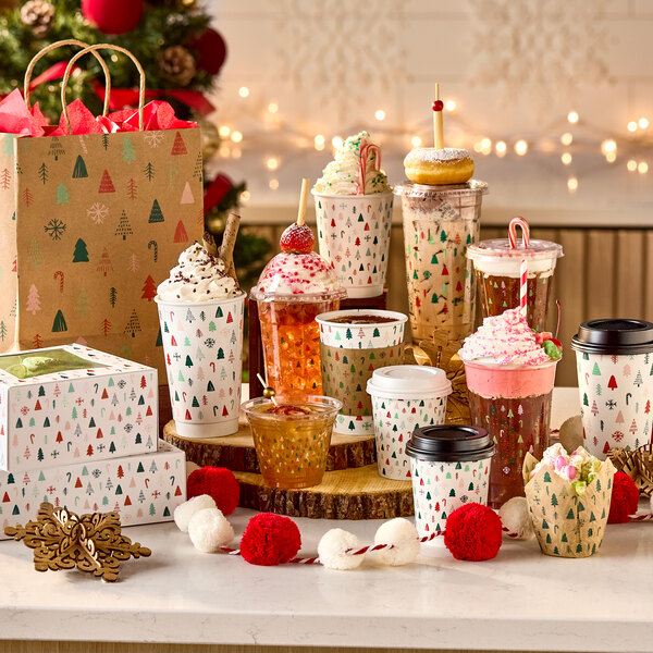 A festive bakery box with a modern Christmas print featuring small trees, designed with an auto-popup window.