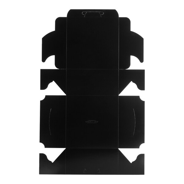 A flat, unfolded black cardboard bakery box designed for cakes, measuring 10 by 10 by 5 inches.