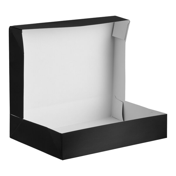 A black auto-popup bakery box with a white interior, designed for packaging donuts or baked goods.