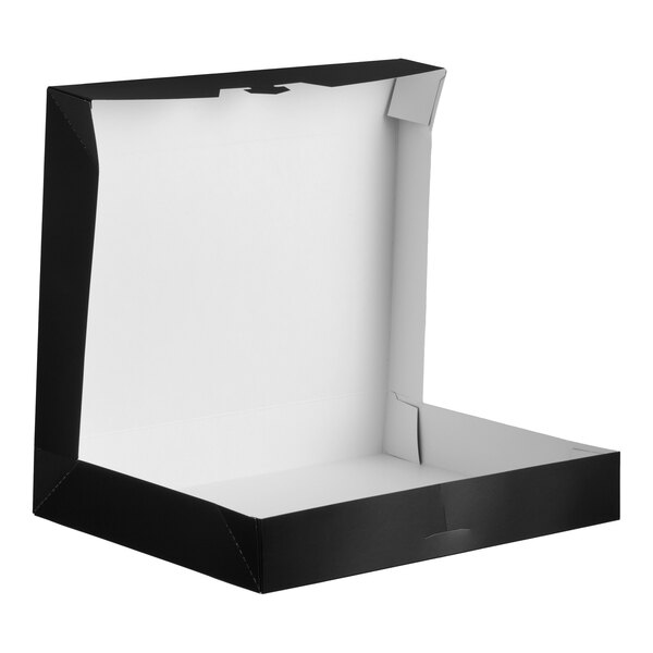 A black auto-popup bakery box with an open lid, designed for packaging donuts or baked goods.