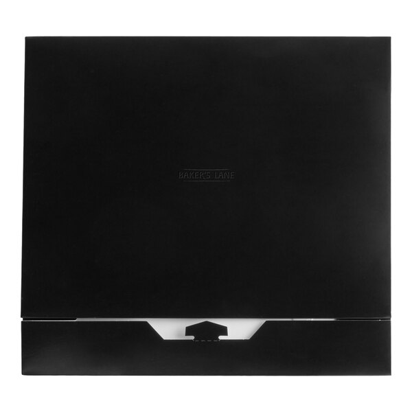 A black auto-popup bakery box measuring 15 by 11.5 by 2.25 inches.