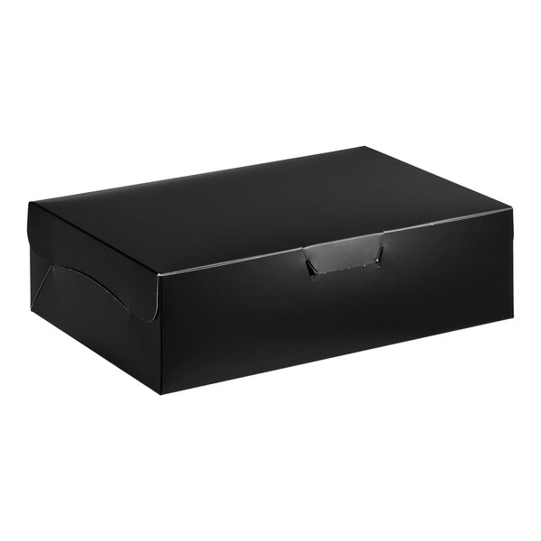 A black quarter sheet cake or bakery box measuring 14 by 10 by 4 inches.