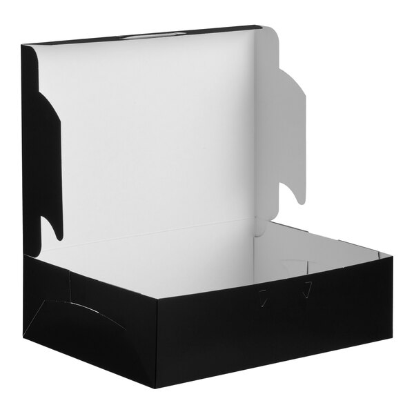 A black quarter sheet cake or bakery box with an open lid, measuring 14 by 10 by 4 inches.