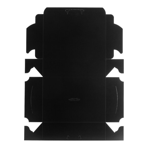 A flat, unfolded black cardboard bakery box designed for quarter sheet cakes, measuring 14 by 10 by 4 inches.