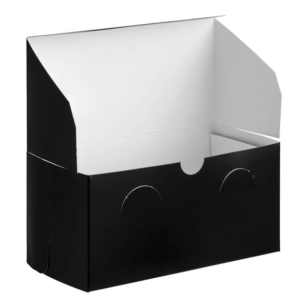 A black and white cardboard bakery box with an open lid, designed for holding cupcakes or baked goods.