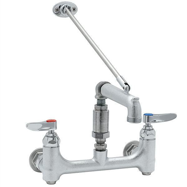 A T&S chrome wall mount mop sink faucet with two handles.