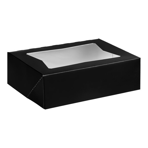 A black bakery box with a clear window on top, designed for packaging cookies or baked goods.
