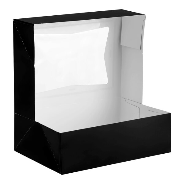 A black auto-popup bakery box with a clear window on the lid, designed for packaging cookies or baked goods.
