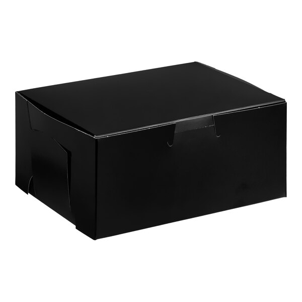 A black rectangular bakery box with a closed lid.
