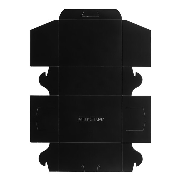 A flat, unfolded black bakery box with pre-scored lines for assembly.