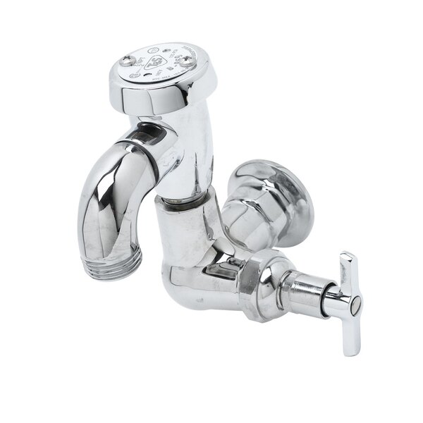 A T&S chrome plated wall mount faucet with a tee handle.