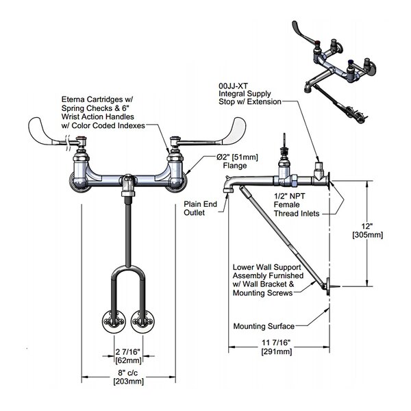 T&S B066402 Wall Mount Polished Chrome Service Sink Faucet with 8