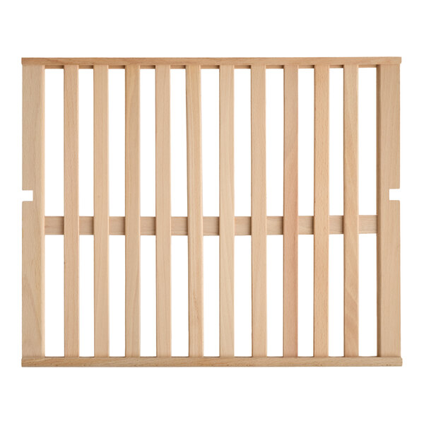 A small wooden shelf with evenly spaced slats designed for specific wine refrigerator models.