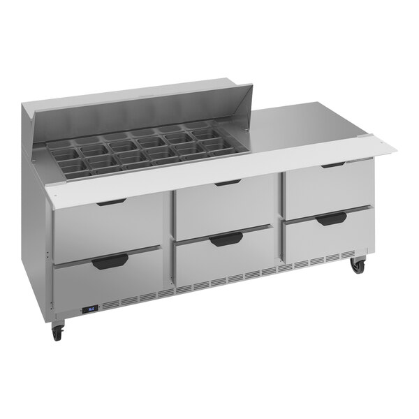 A Beverage-Air stainless steel counter with six drawers.