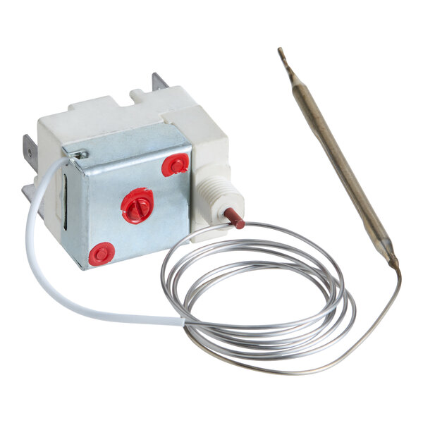 A safety thermostat with a metal probe and coiled wire designed for Avantco bun toasters.