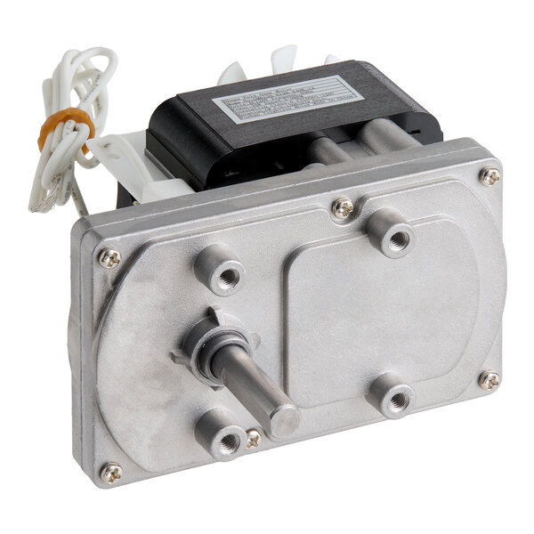 A metal gear motor assembly with a protruding shaft and attached wiring, designed for the Avantco CPBTR66A model.