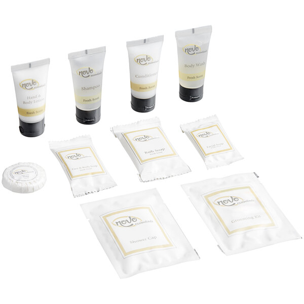 A 10-piece hotel and motel amenity toiletries kit including various personal care items in small packages and tubes.