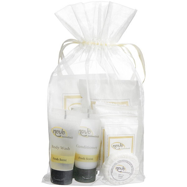 A 10-piece hotel and motel amenity toiletries kit in a clear drawstring bag.