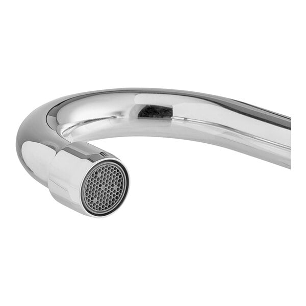 A chrome deck-mount faucet with a 3 1/2 inch swivel gooseneck spout and aerator.