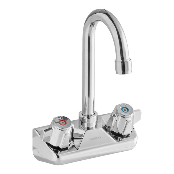 A wall-mount faucet with two handles and a swivel gooseneck spout.