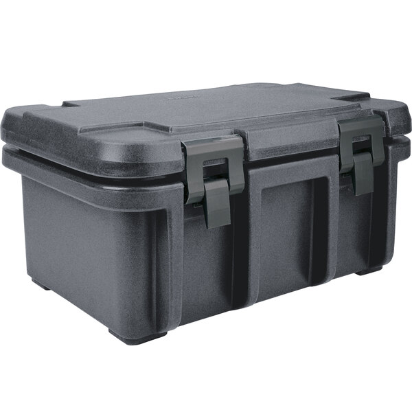 A black plastic Cambro Ultra Pan Carrier with two handles.