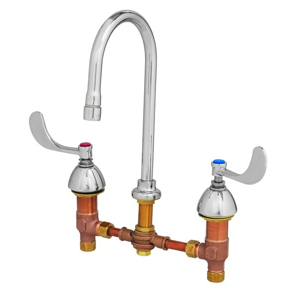A T&S deck mount medical faucet with 2 gooseneck handles.
