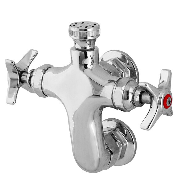 T&S B-0810-RGH Wall Mount Rough Chrome Vertical Mixing Faucet with 3" Centers and 4 Arm Handles