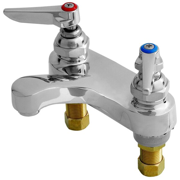A T&S chrome deck mount faucet with lever handles.