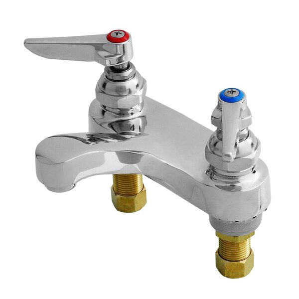 A chrome T&S medical faucet with two lever handles and two faucets.