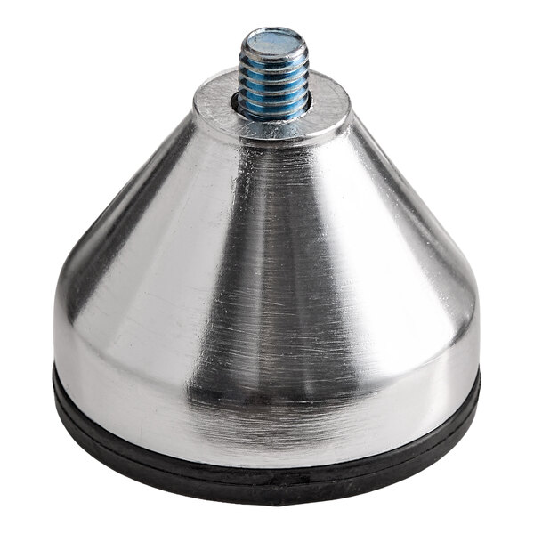 A conical metal foot with a threaded stud on top and a black rubber base.