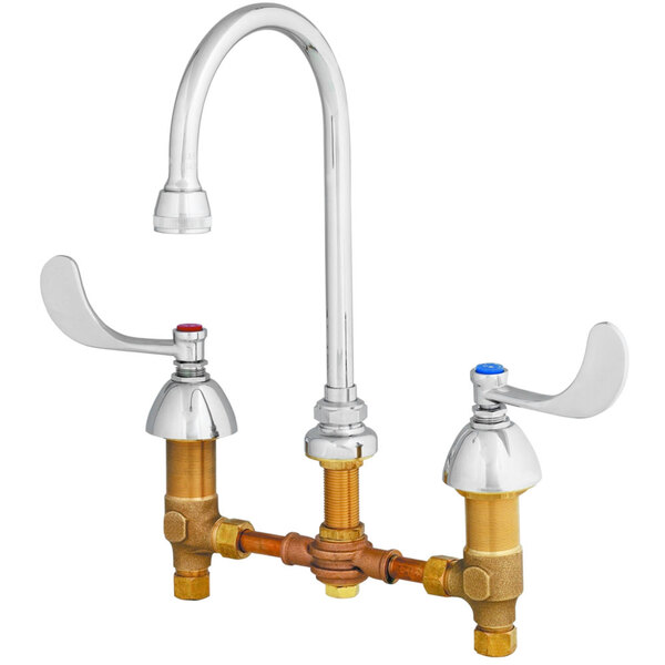 A T&S deck mount faucet with gooseneck and wrist action handles.